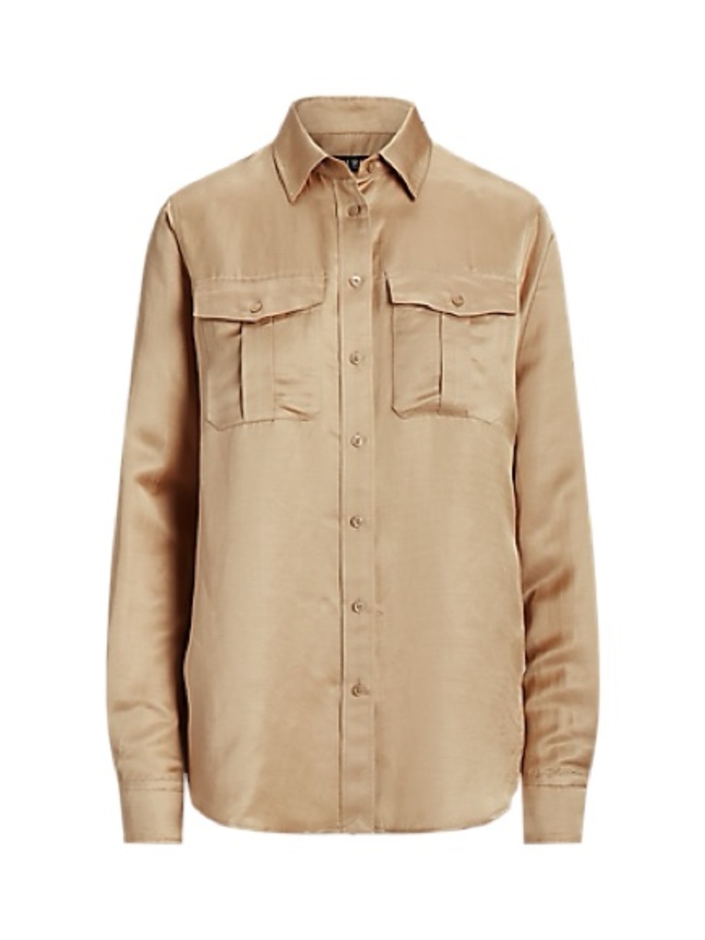 NWT Lauren Ralph Lauren Women’s Satin Shantung Tan Gold Button Down Shirt XL